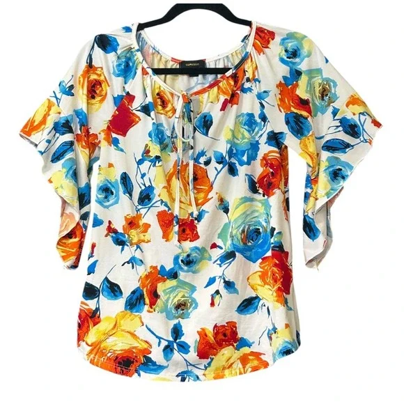 Espresso Blouse Womens Size S White with Multicolor Floral S/S Top - Picture 1 of 10